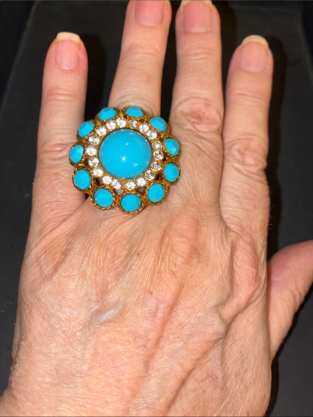 Turquoise Cabochon Statement Ring with Surrounding Clear Crystals